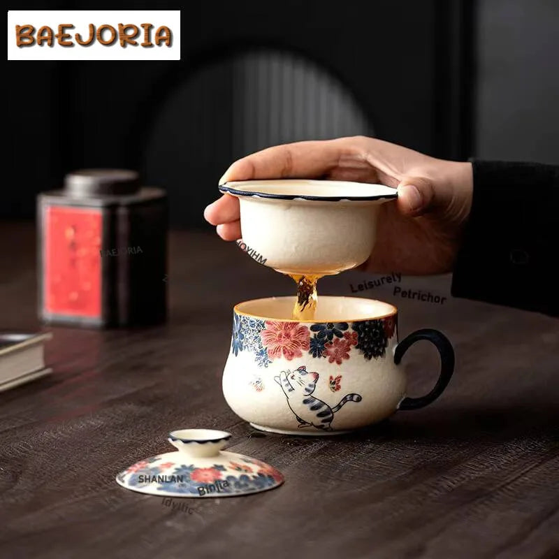 200ML Rock Mineral White Ceramic Little Cat Filter Tea Separator Cup Zen Tea Mug With Infuser Tea Soaking Office Water Cup Gift