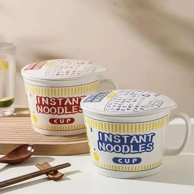 1pc Large Capacity Ceramic Instant Noodle Bowl with Cover，Perfect for Dorms and Home Kitchens - Keep Your Noodles Fresh and Warm