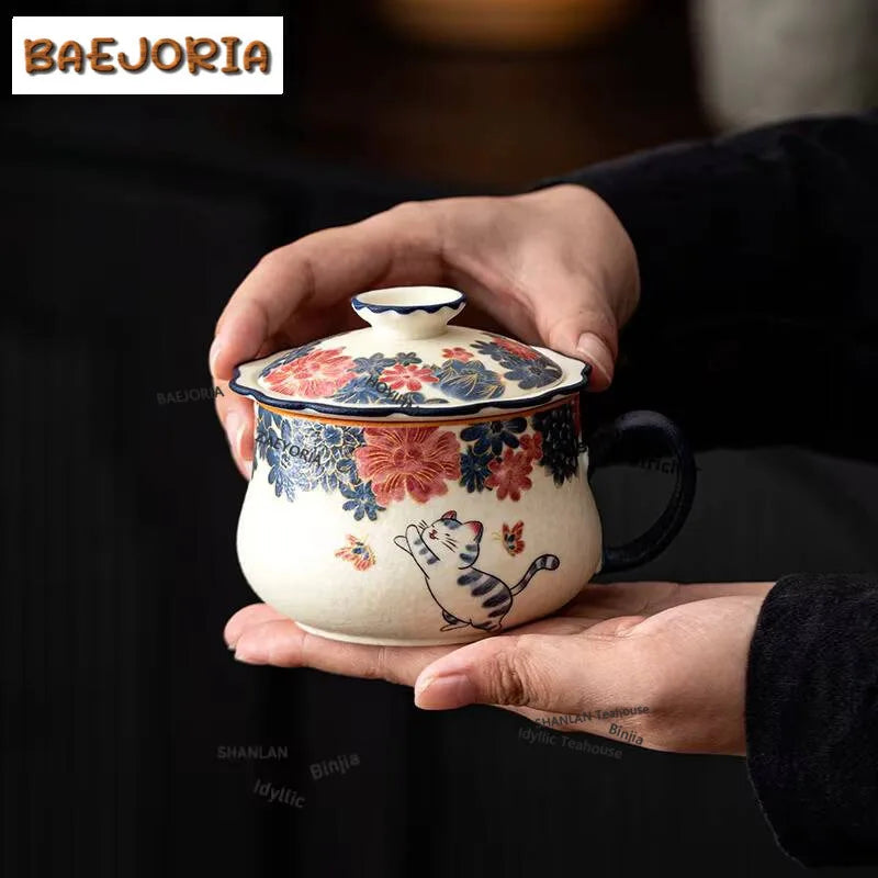200ML Rock Mineral White Ceramic Little Cat Filter Tea Separator Cup Zen Tea Mug With Infuser Tea Soaking Office Water Cup Gift