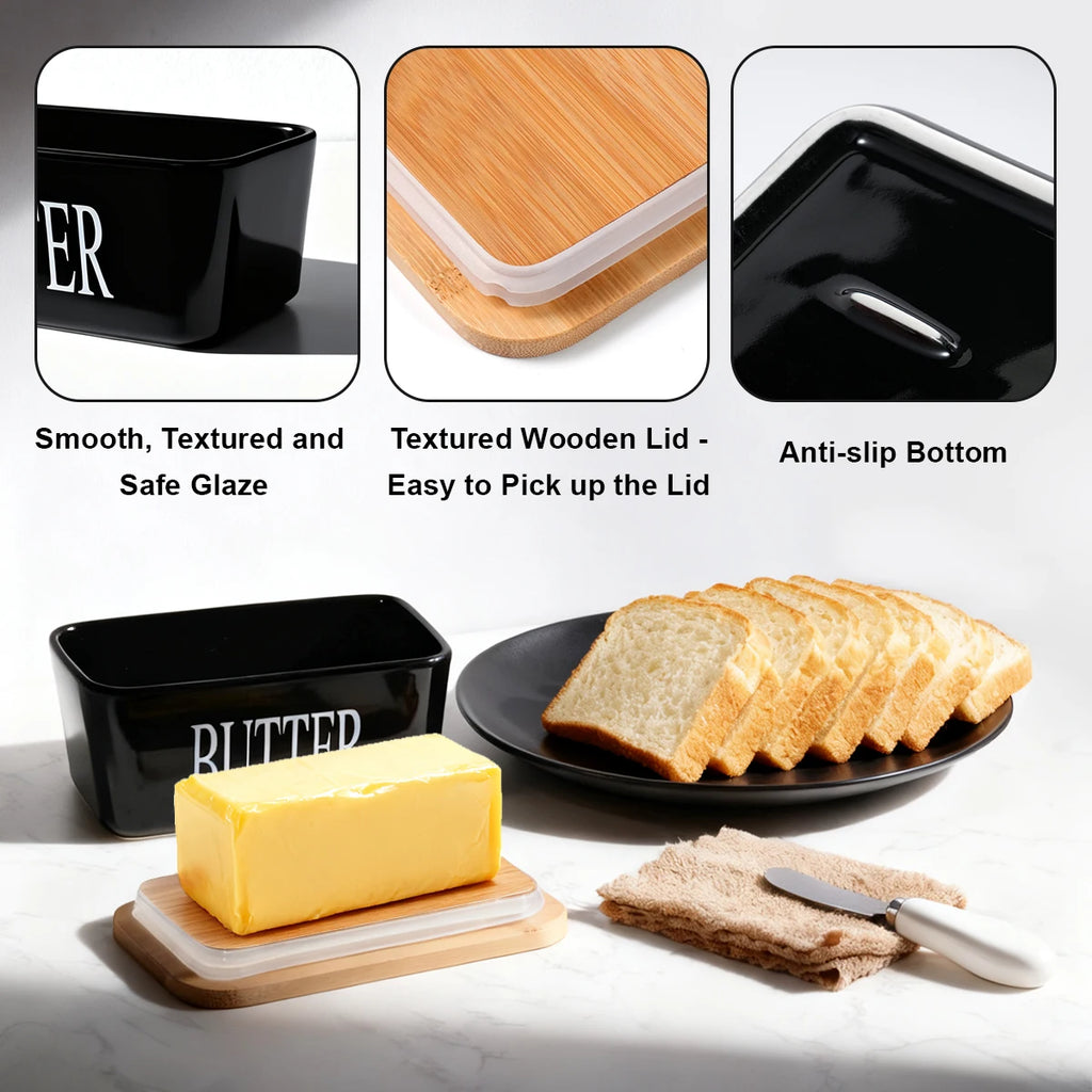 1 Set Of Ceramic Butter Dish With Bamboo Lid And Built-In Knife Butter Keeper With Double Silicone Sealing Ring Kitchen